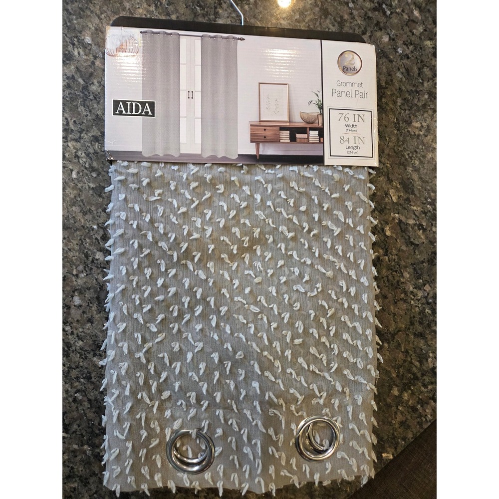 4 Aida Silver Grommet Curtain Panel Pair 76 x 84 Clipped Eyelash Tufted Textured